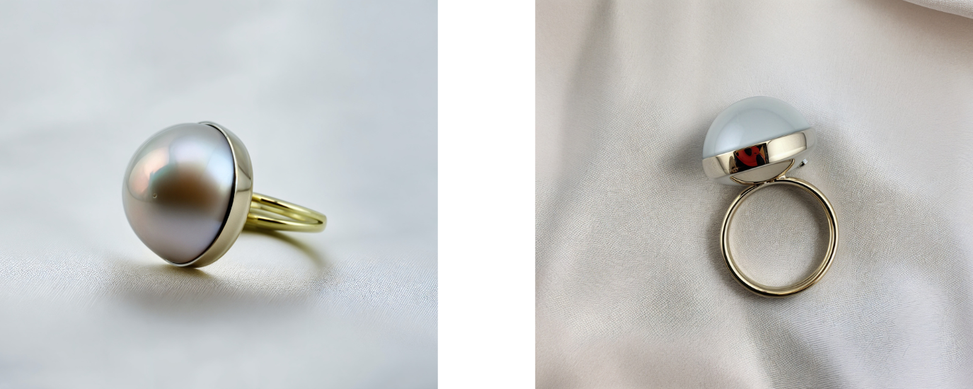 Zlatý prsten s mořskou mabé perlou, více pohledu